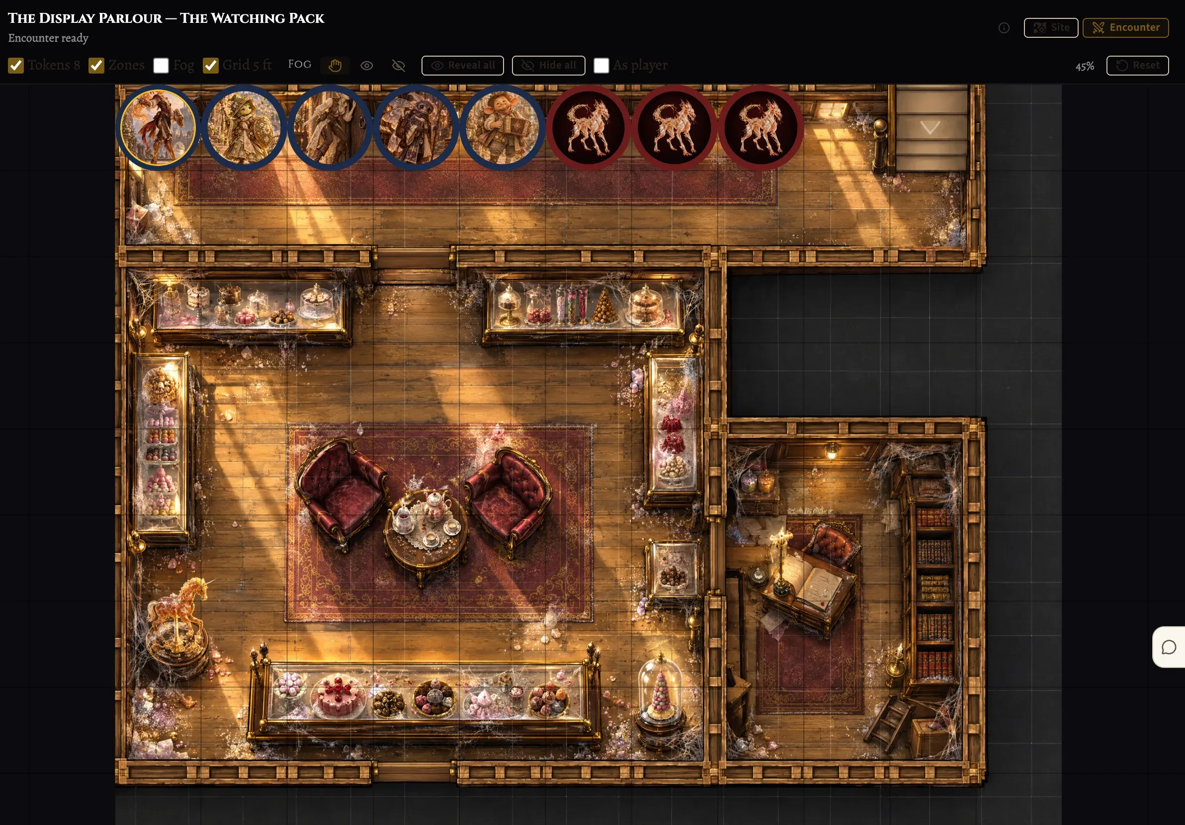 A battle map of the Display Parlour with eight tokens along its top edge: five party members and three hounds.