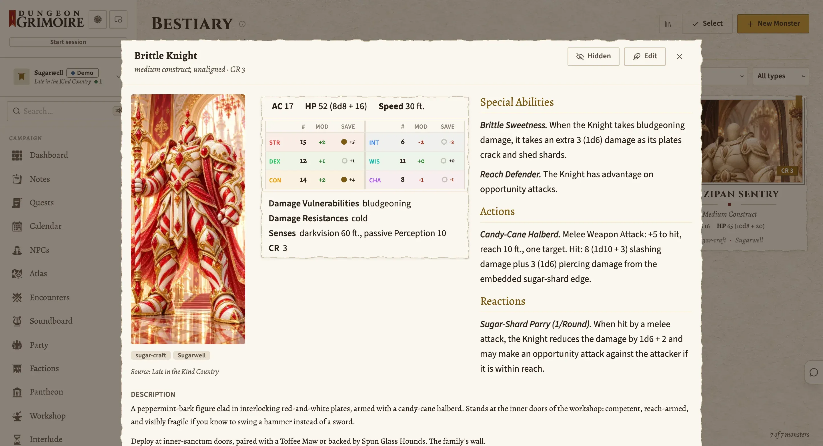 A monster open in the Bestiary: the Brittle Knight's portrait, ability scores, special abilities, actions and reactions.