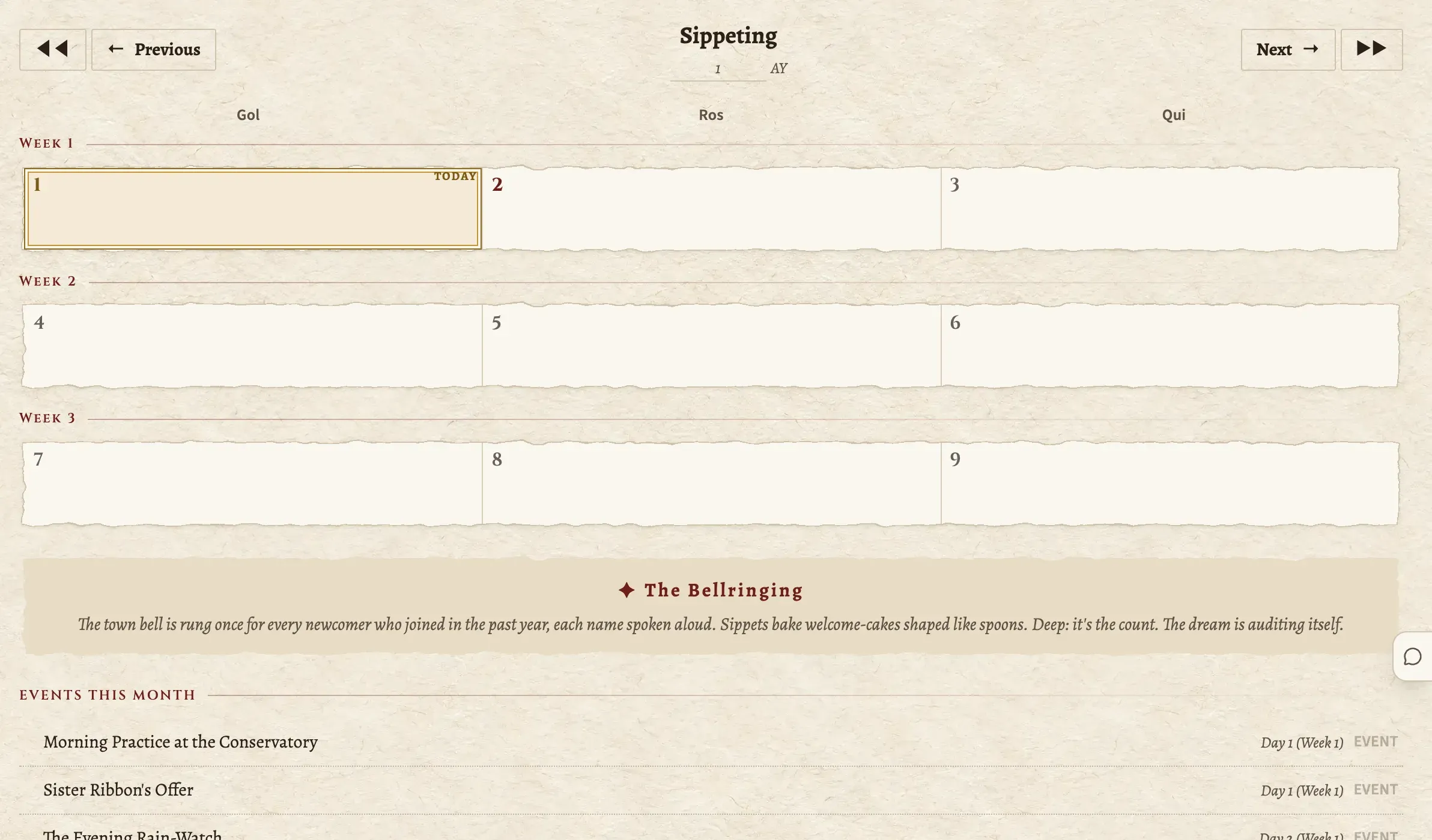 The calendar for the month of Sippeting: three weeks of three days, today marked with a gilt rule, a festival and the month's events listed beneath.