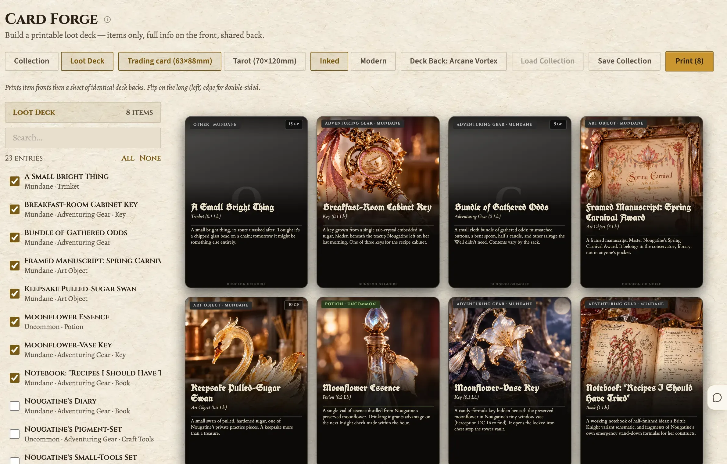 Card Forge building a loot deck: a list of the campaign's items with eight ticked, their cards previewed beside it with art, type and description, and a deck back chosen in the toolbar.