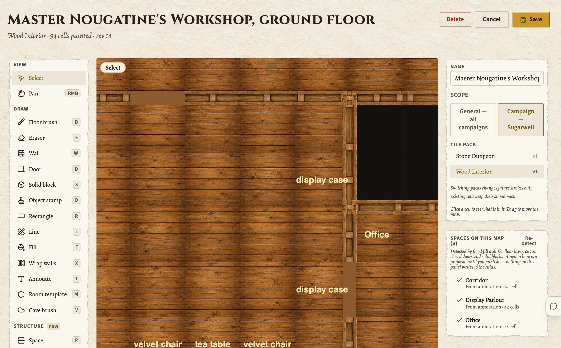 Cartographer's editor: a wooden floor plan with labelled furniture, the drawing tools on the left and the tile packs and detected rooms on the right.