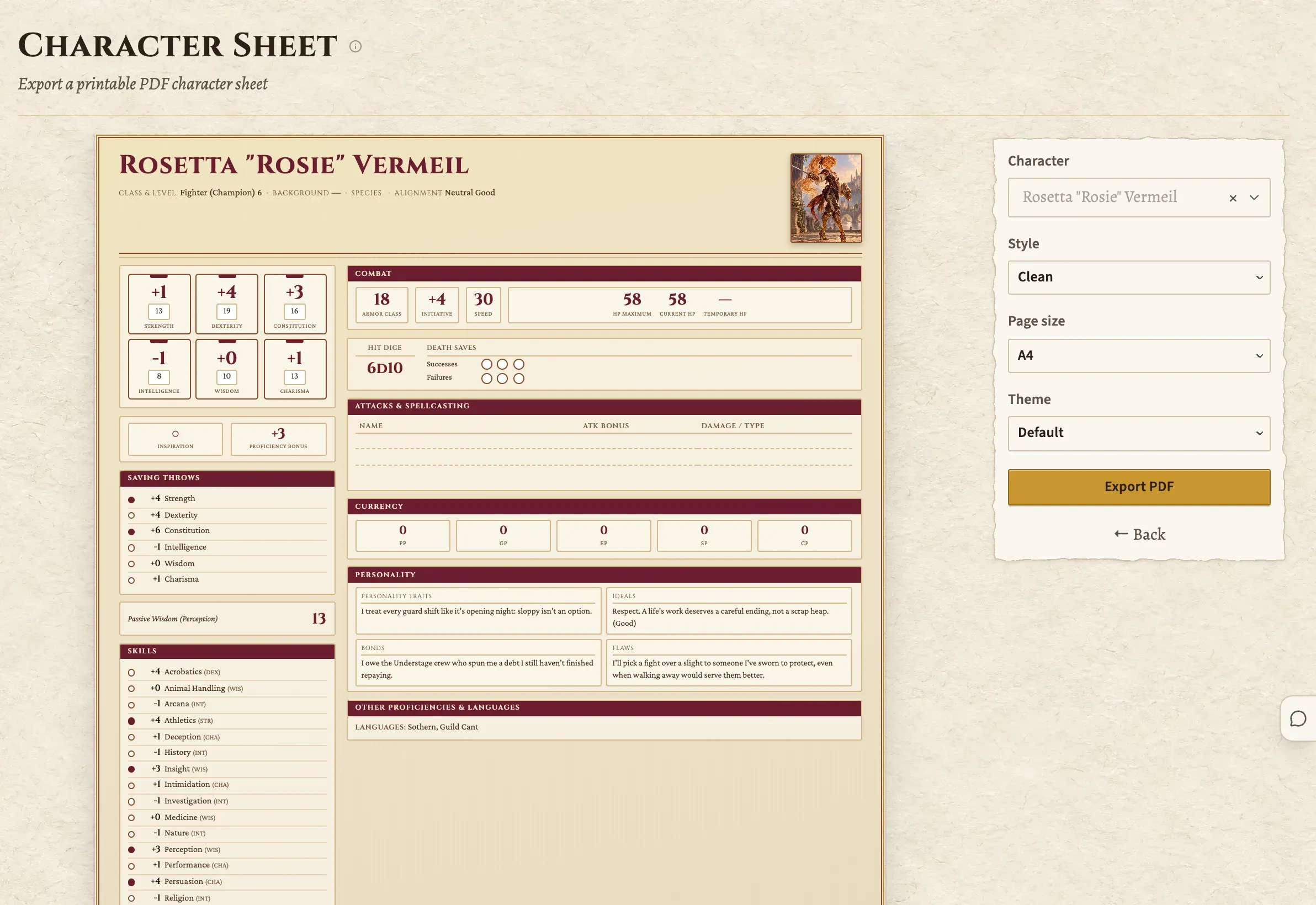 The character sheet export: a fighter's filled-in sheet in the preview, with style, page size and theme beside it.