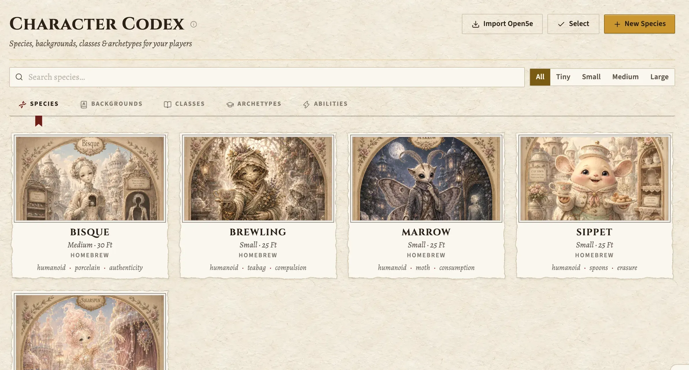 The Character Codex on its species tab: five homebrew species, each with its own art, size and speed.