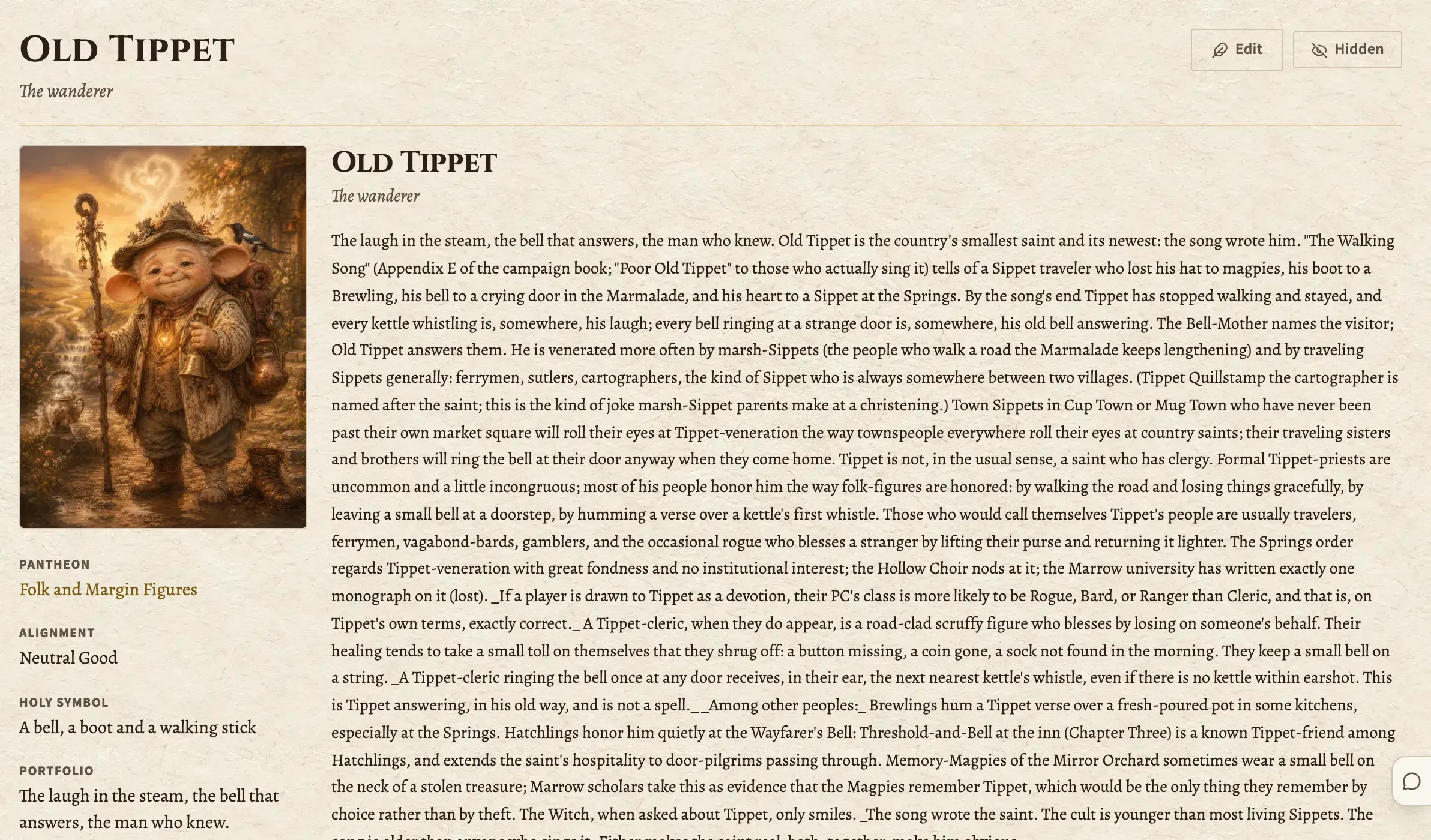A deity's page: Old Tippet's portrait, lore, alignment, holy symbol, domains and the faction that worships him.