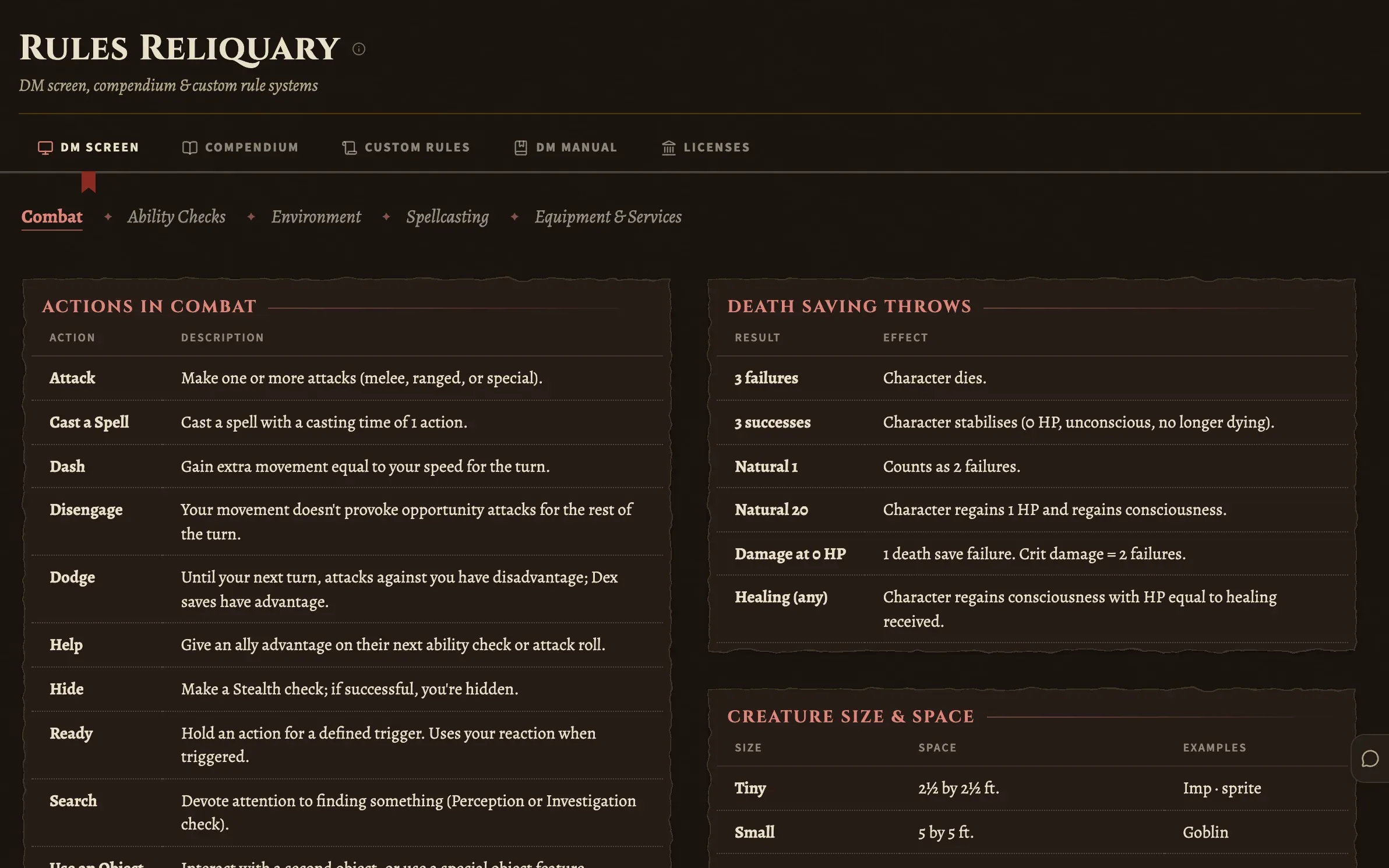 The DM screen in Lamplight: reference tables for actions in combat, death saving throws and creature sizes.