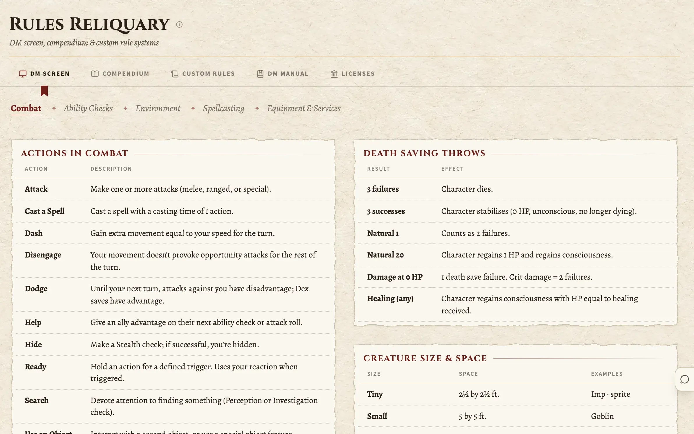 The DM screen: reference tables for actions in combat, death saving throws and creature sizes.