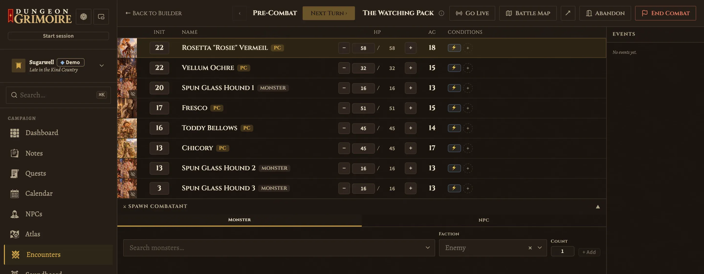 The Encounter Runner in the dark Lamplight theme: the initiative order with hit points and conditions for each combatant.