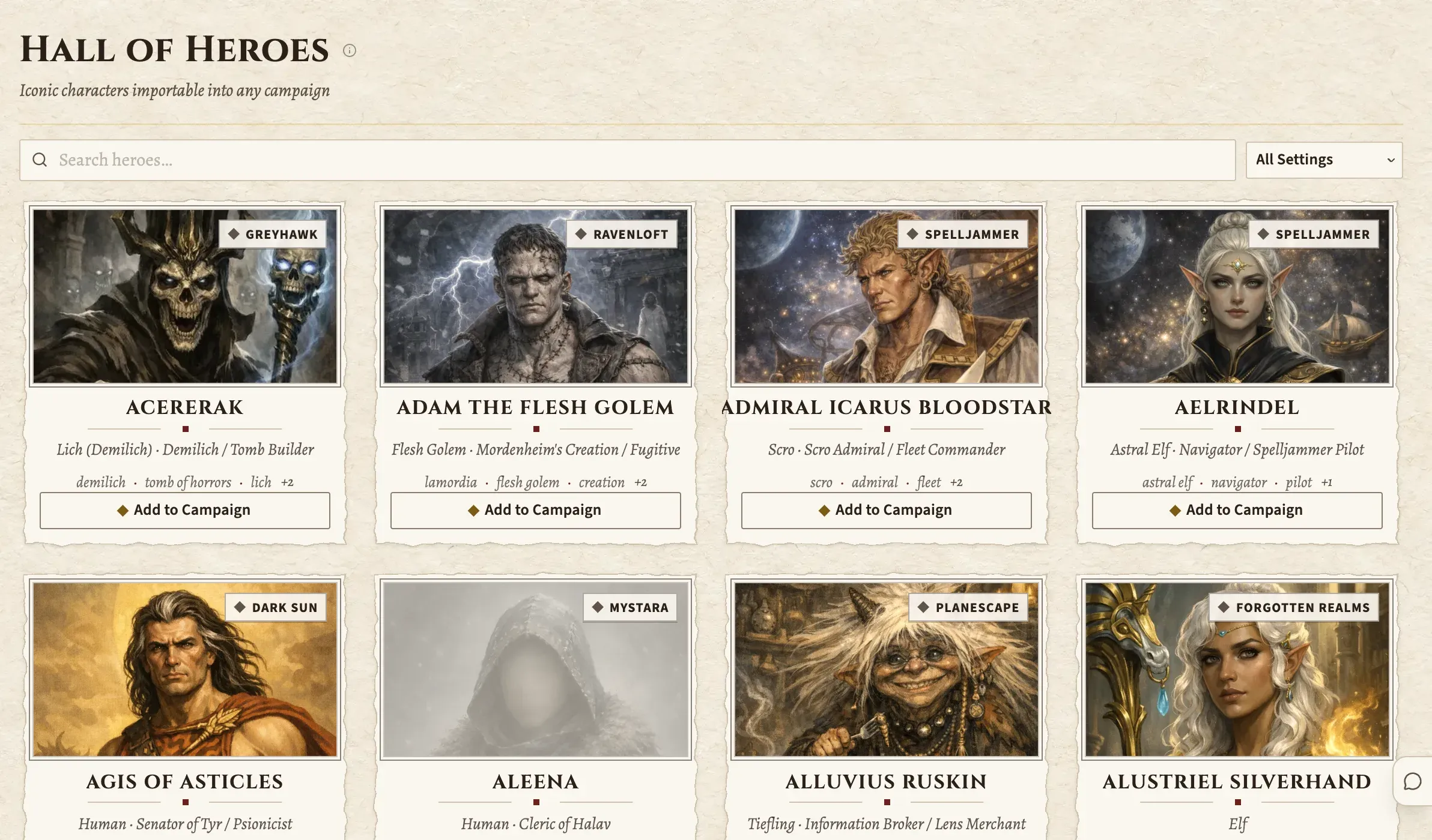 The Hall of Heroes: a grid of ready-made characters, each with a portrait, a setting label and an Add to Campaign button.