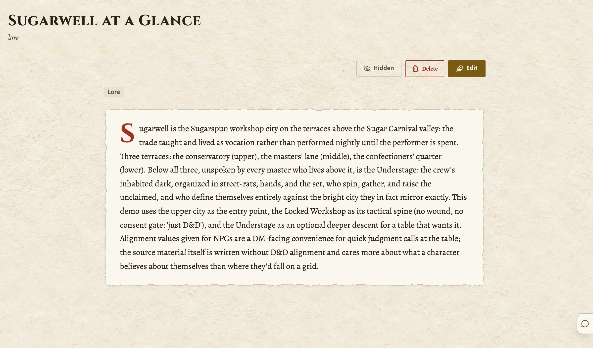 A lore note on its own sheet, opening with a drop cap.