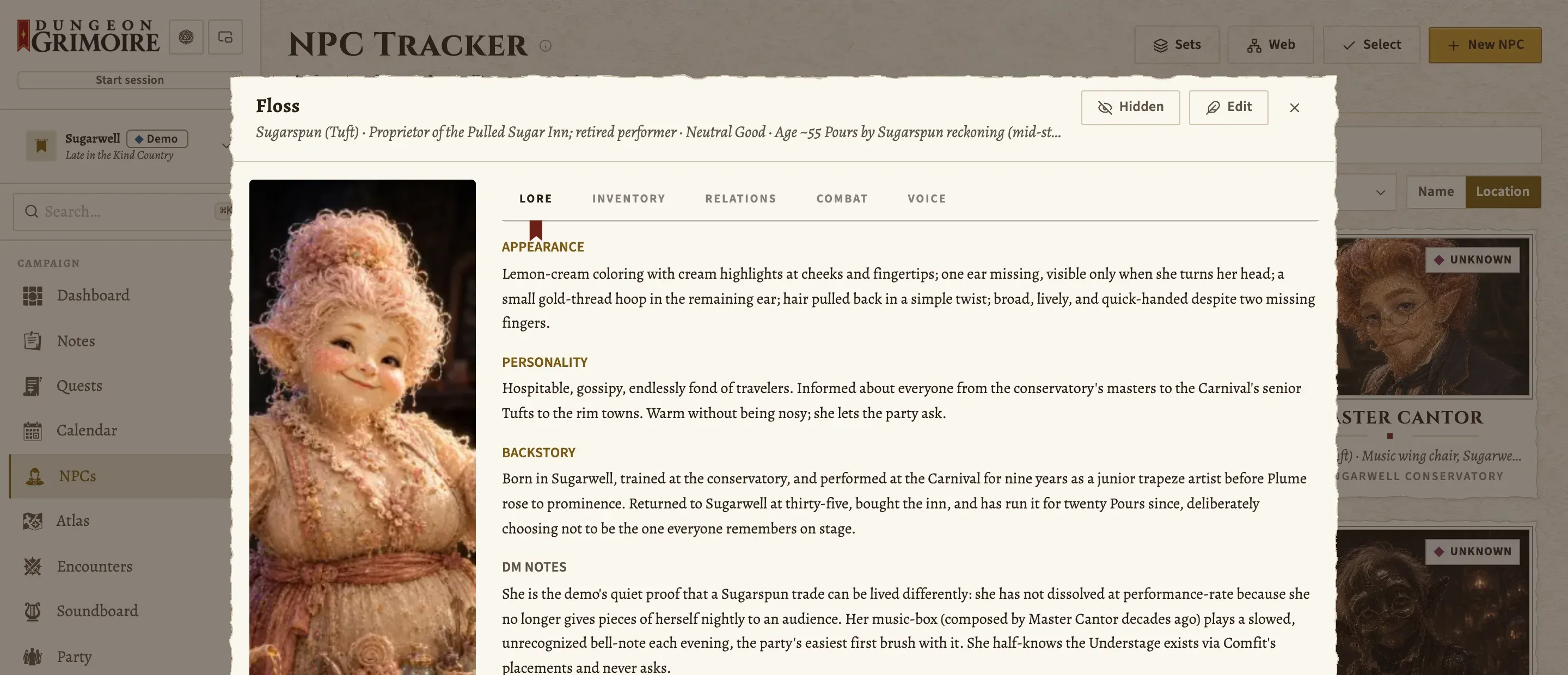 An NPC's page open over the tracker: a portrait of Floss beside her appearance, personality, backstory and the DM's notes, with tabs for inventory, relations, combat and voice.