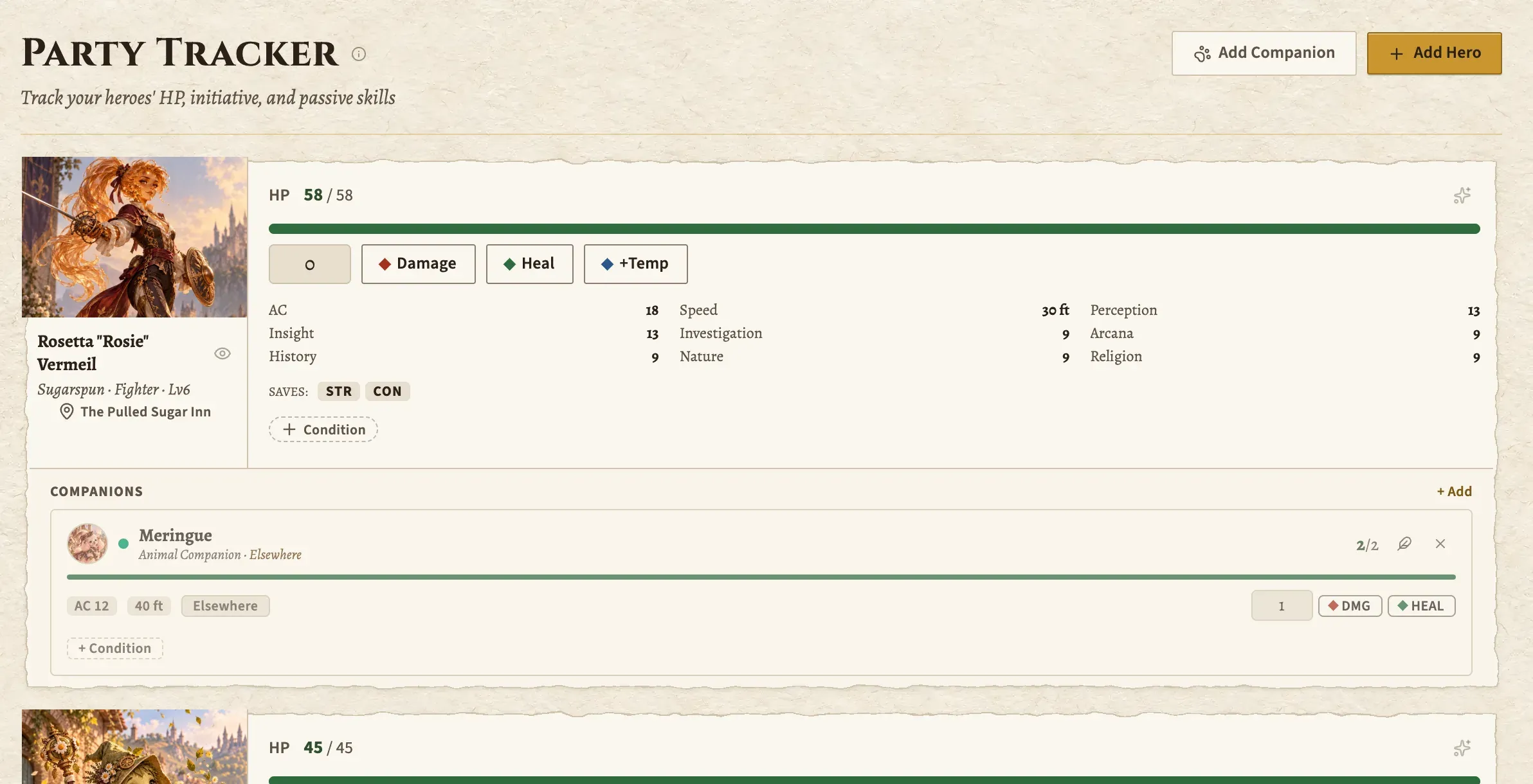 The Party Tracker: each hero with a portrait, hit points, armour class, saves and passive skills.