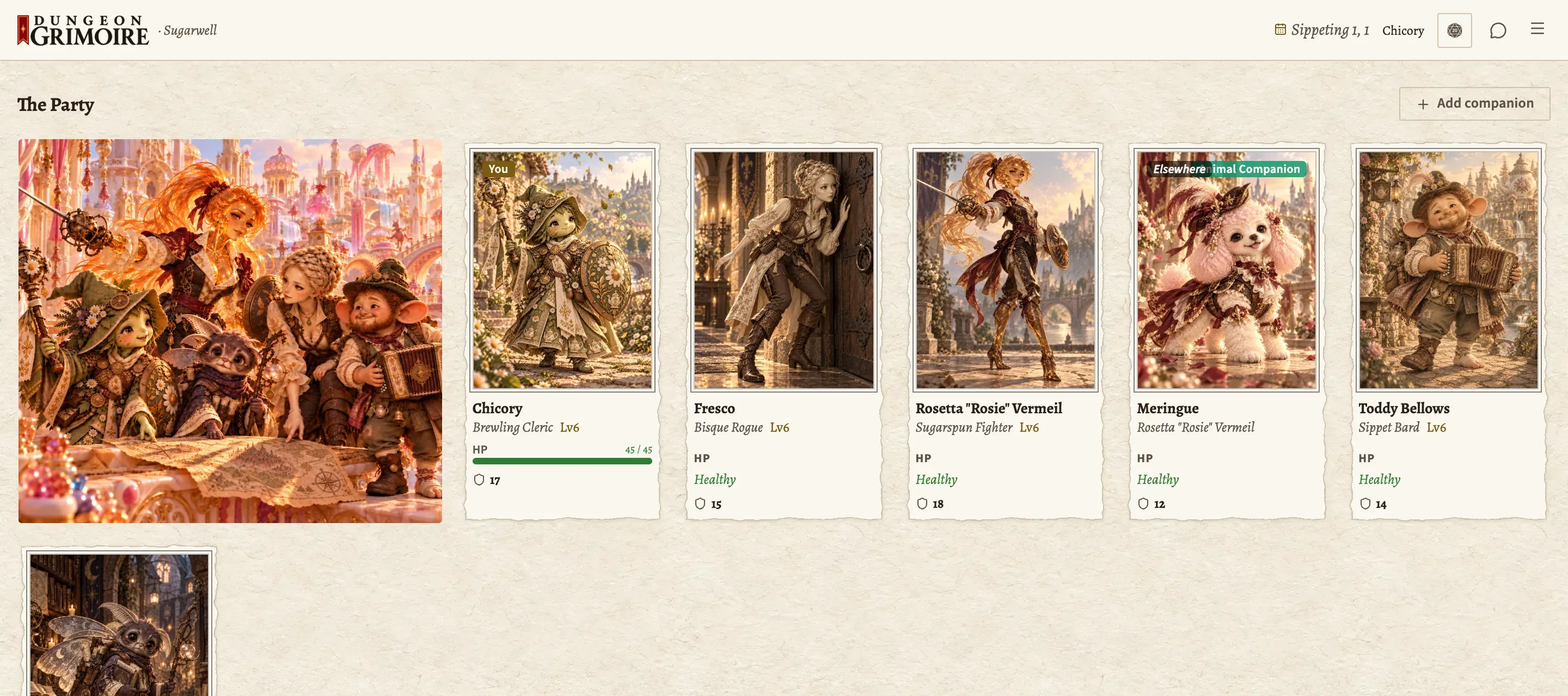 The Player Portal's party page: a painting of the whole party beside a card for each member, the player's own marked You, with a companion among them.