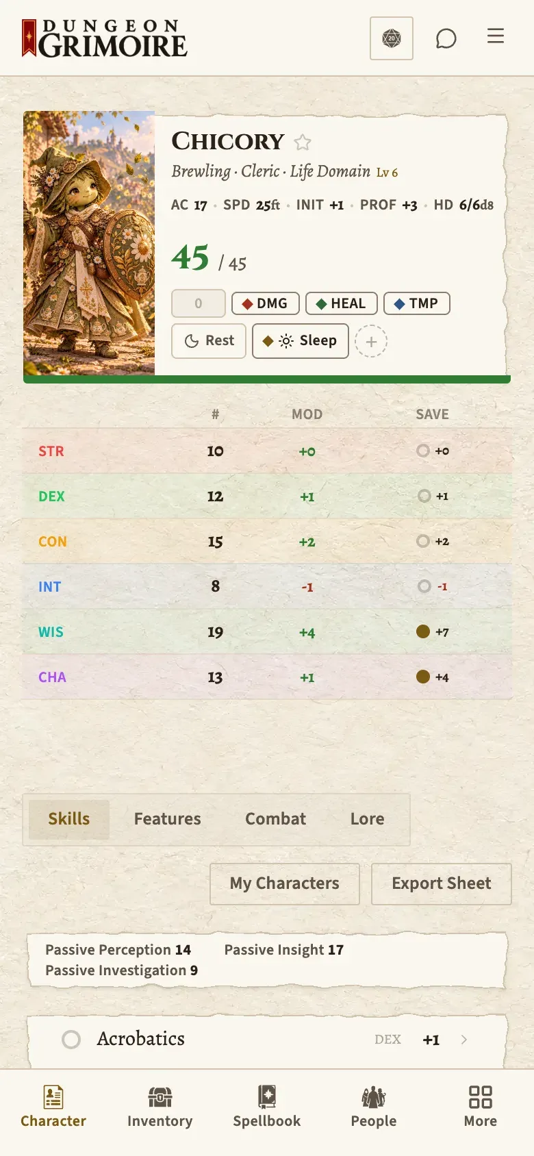 The Player Portal on a phone: a cleric's portrait, hit points and ability scores, with the bottom navigation.