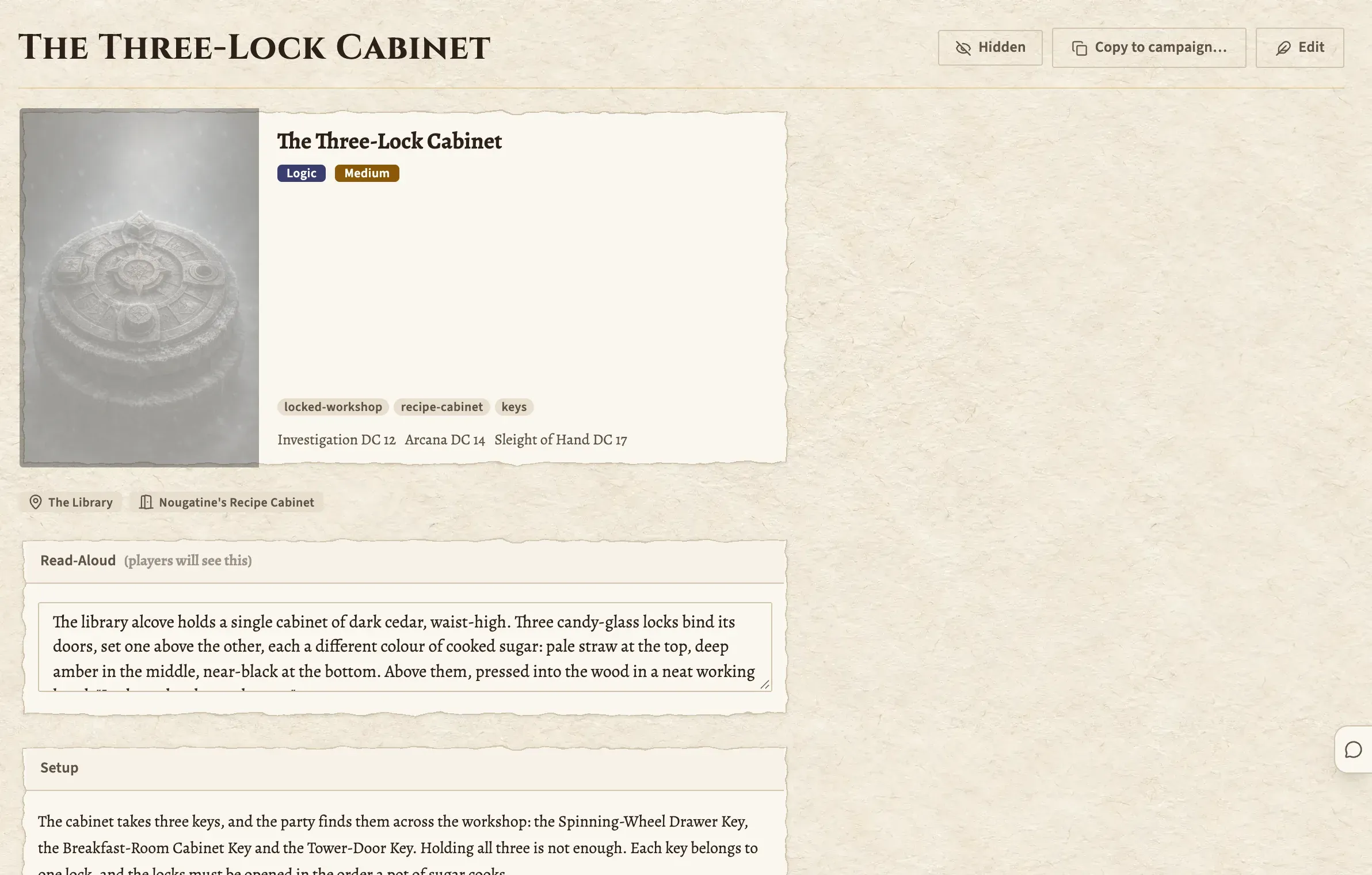A puzzle in Dungeon Craft: The Three-Lock Cabinet, with its type and difficulty, the skill checks that crack it, read-aloud text and setup.