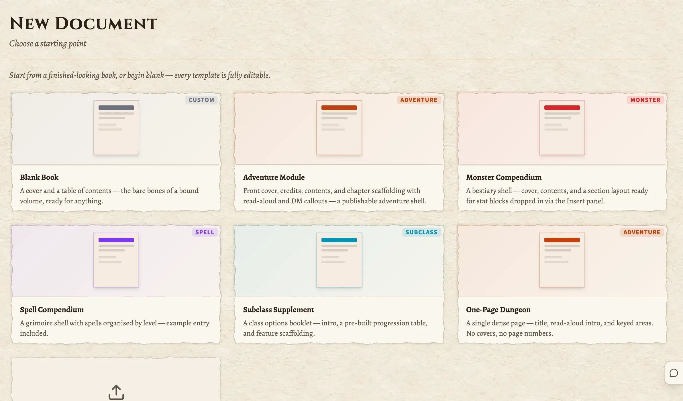 The new document screen: templates for a blank book, an adventure module, a monster compendium, a spell compendium and more.