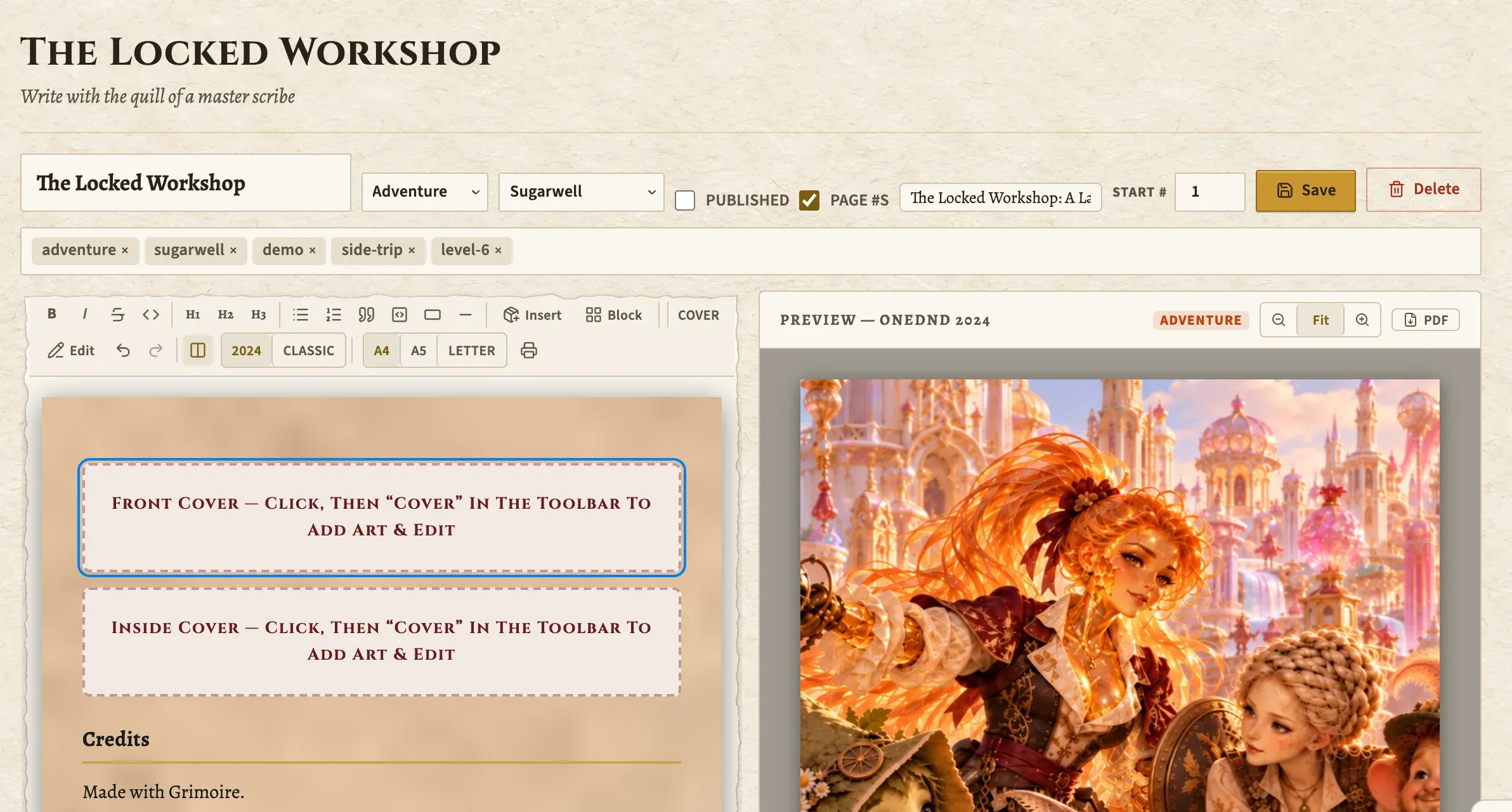 The Scriptorium: an adventure document in the editor on the left, and its laid-out page with cover art in the preview on the right.