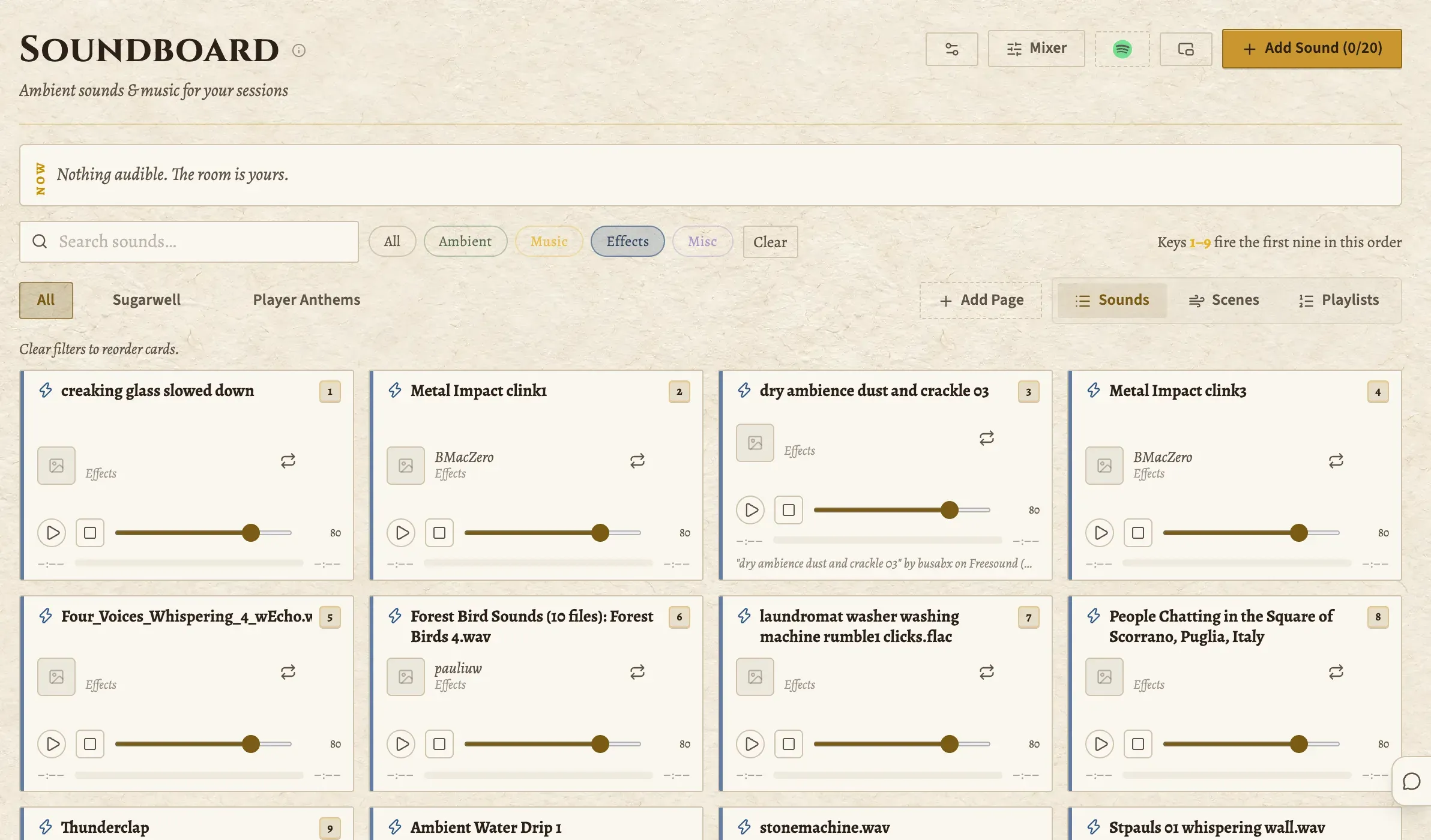 The Soundboard filtered to effects: a grid of sounds, each with play, stop and volume.