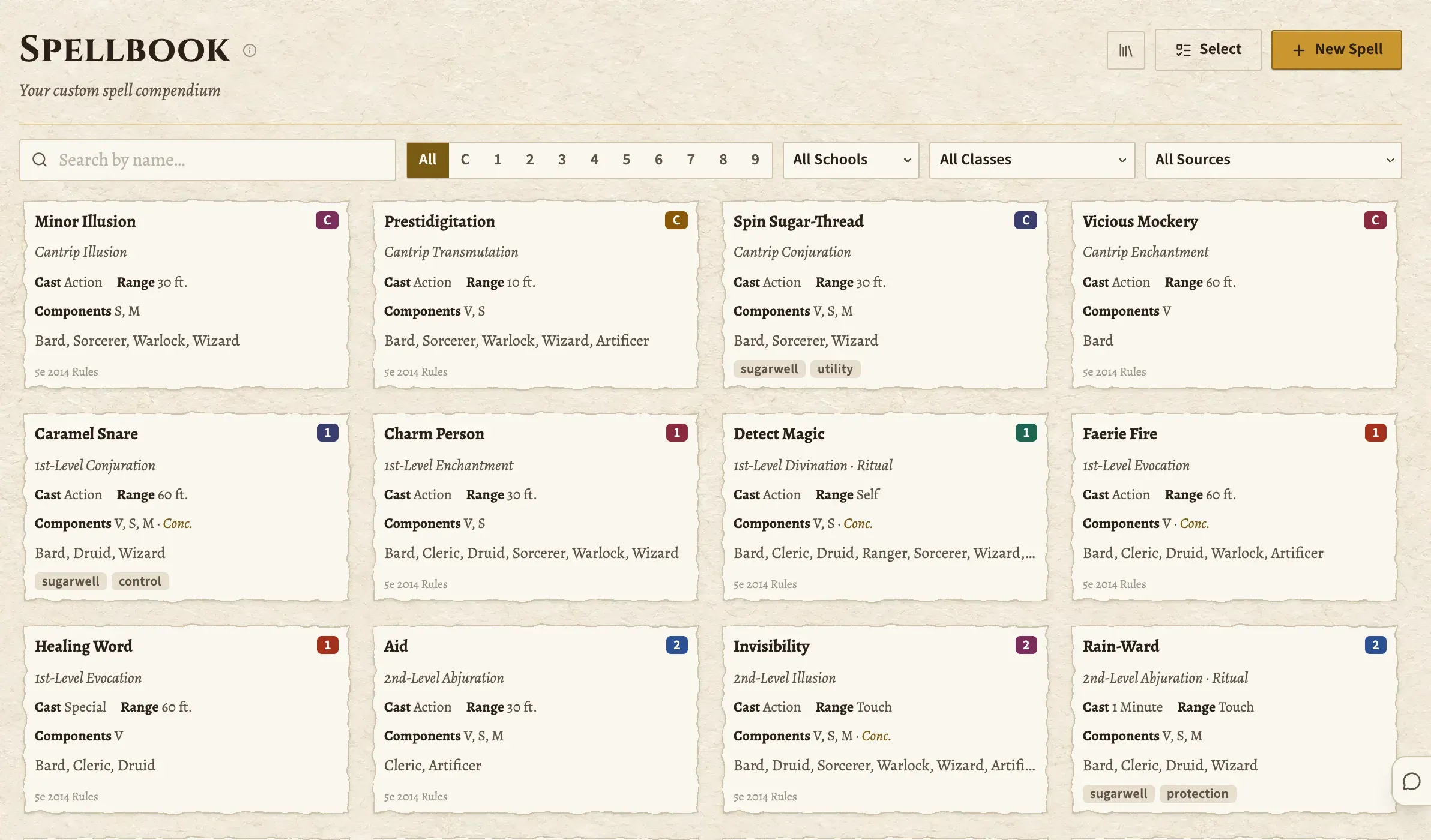 The Spellbook: spell cards with level, school, casting time, range, components and classes, under filters for each.