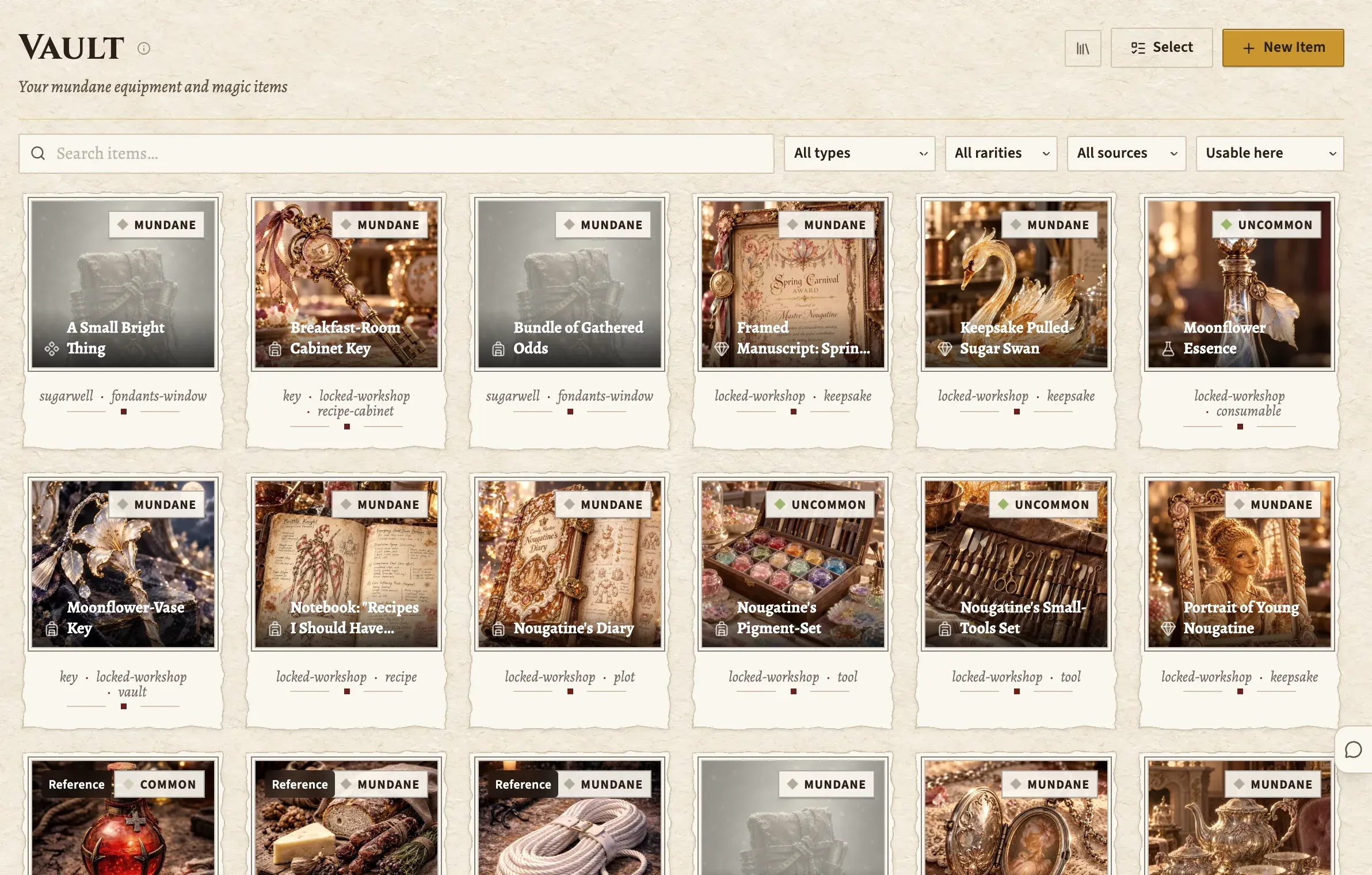 The Item Vault: a grid of the campaign's items, each with its art, rarity and tags.