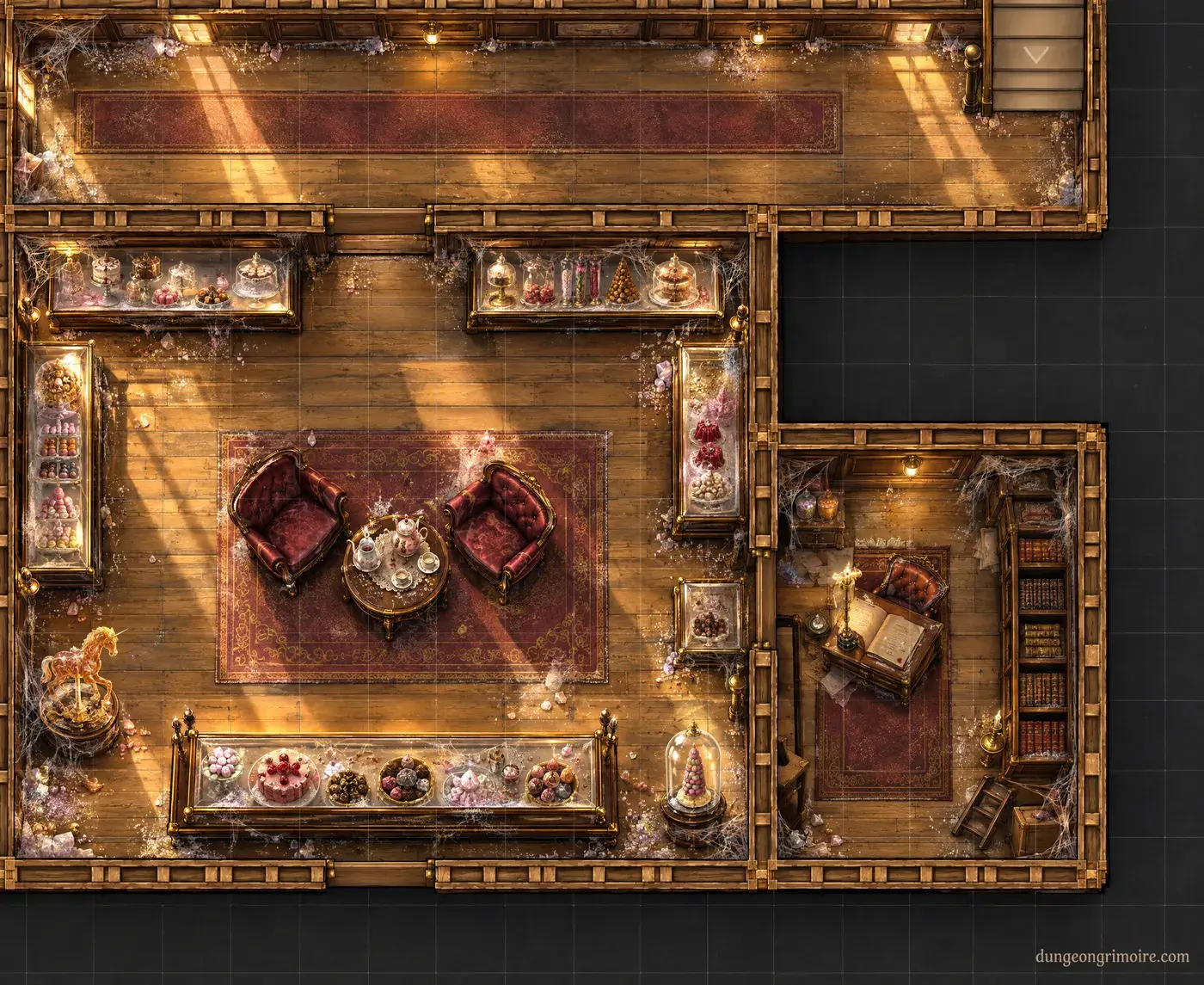 AI-styled battle map of the ground floor of Master Nougatine's workshop, with a grid
