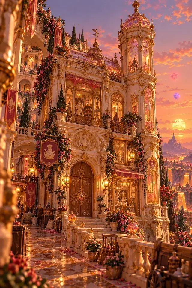 AI-generated art of Master Nougatine's workshop, a candy-coloured tower at sunset